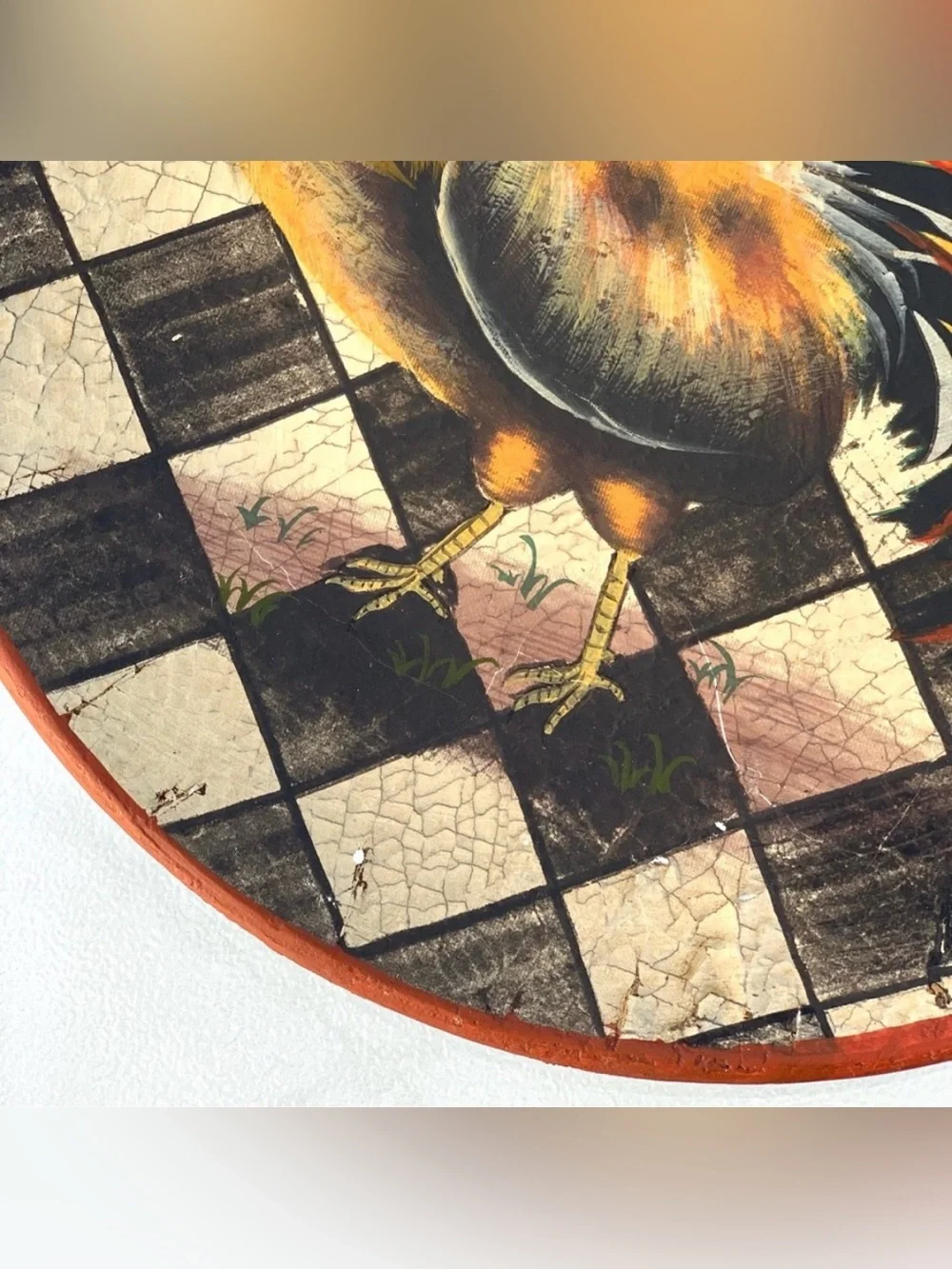Farmhouse Rooster Checkerboard Ceramic Hand Painted Decorative Plate